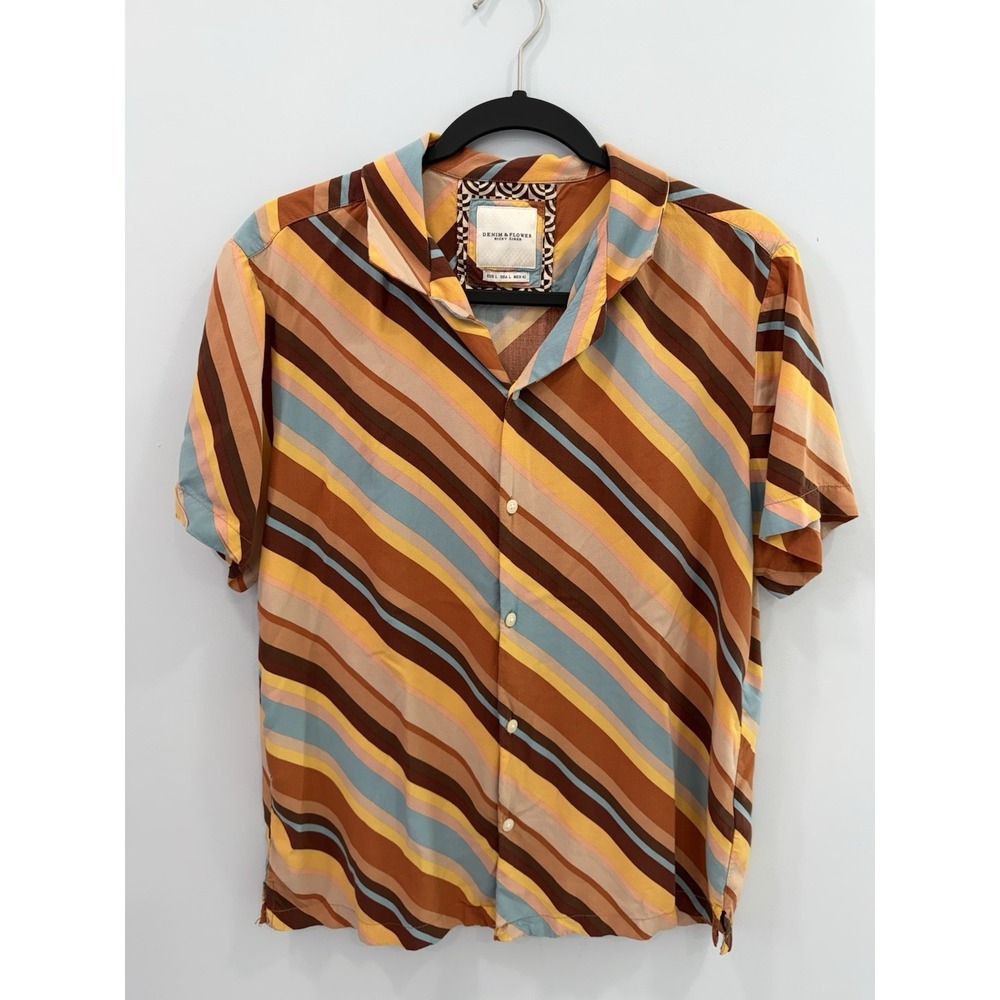 Denim & Flower Ricky Singh Striped Camp Shirt Viscose Retro Button Up Large